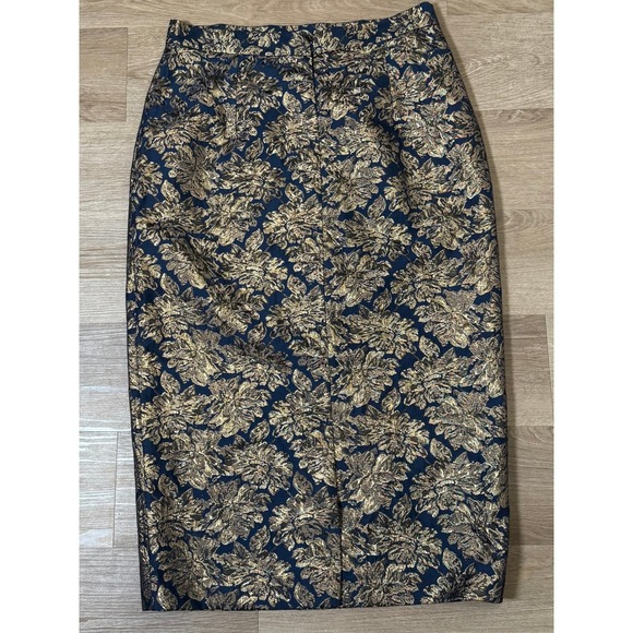 ASOS Tall Gold Floral Jacquard Skirt Navy Blue Midi Pencil US 12 Holiday Party - Picture 1 of 8